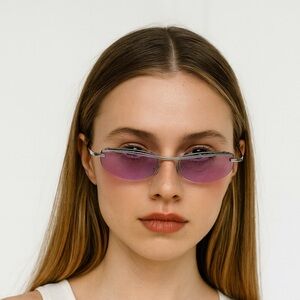 Y2K Rimless Purple Tint Sunglasses Silver Metal Frame Unisex